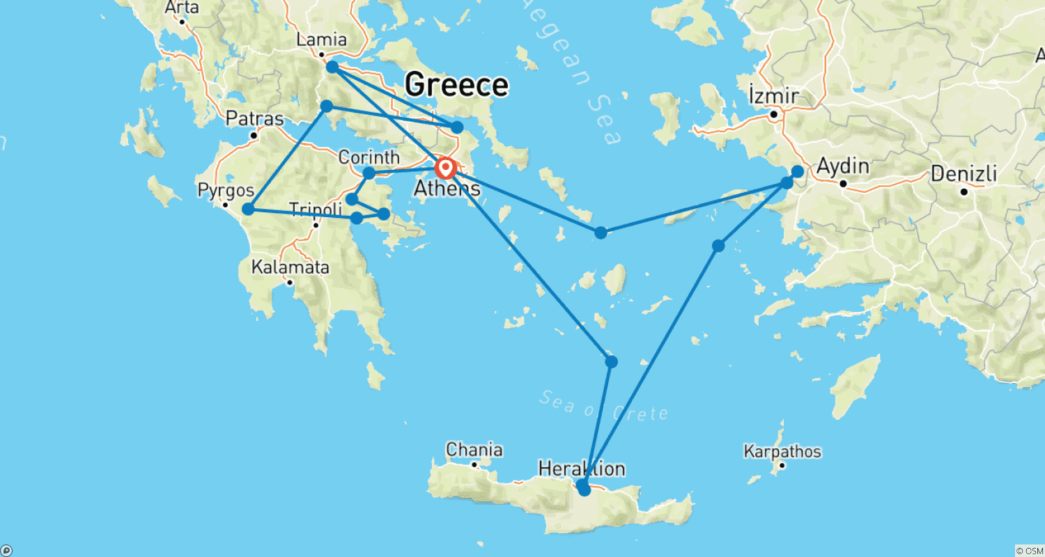 Mapa do percurso de Grécia Clássica com Cruzeiro Icónico de 3 Noites no Egeu
