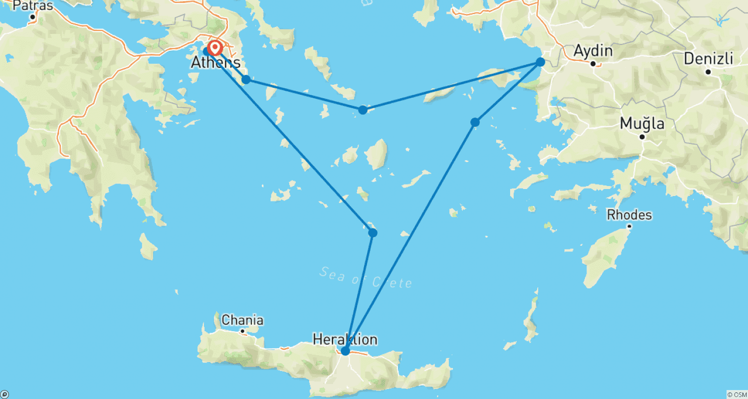 Mapa do percurso de Egeu Icônico com Cruzeiro de 3 Noites
