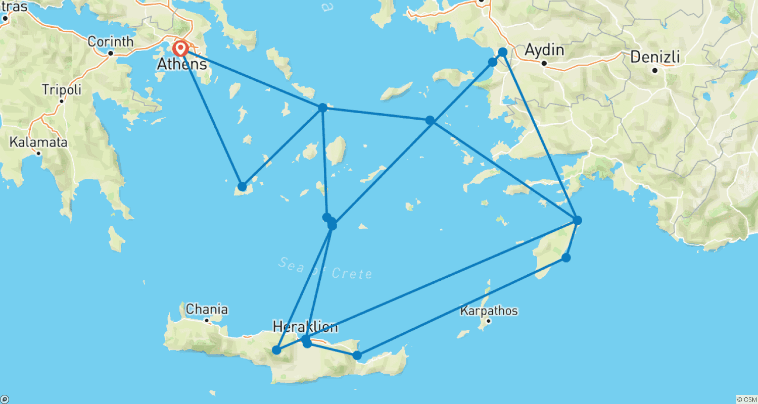 Mapa do percurso de Egeu Idílico com Cruzeiro de 7 Noites