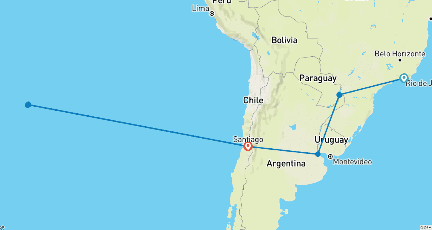 Mapa do percurso de Escapada pela América do Sul com Santiago e Ilha de Páscoa