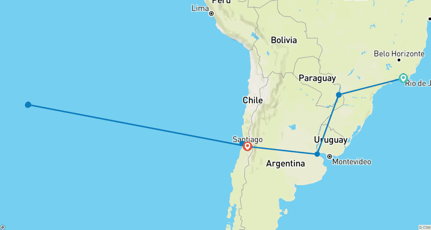 Mapa do percurso de Brasil, Argentina e Chile Revelados com a Ilha de Páscoa