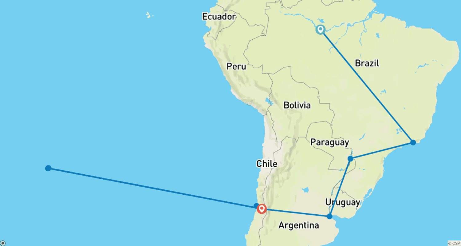 ブラジル、アルゼンチン、チリの魅力発見:ブラジルのアマゾンとイースター島を巡る旅のルートマップ