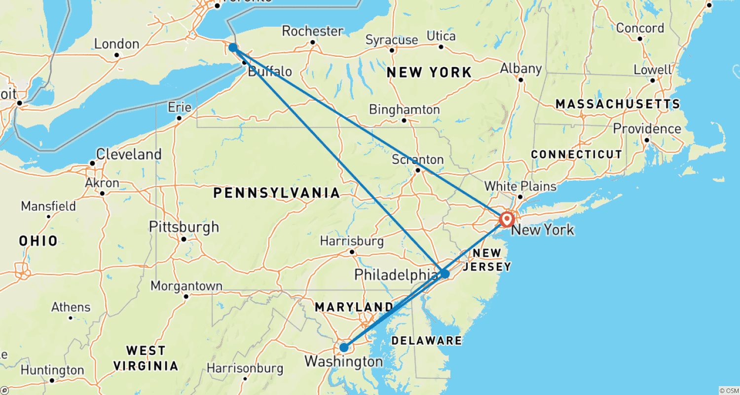 Mapa do percurso de Nova Iorque, Cataratas do Niágara e Washington D.C. com Estadia Prolongada em Nova Iorque 10 Dias