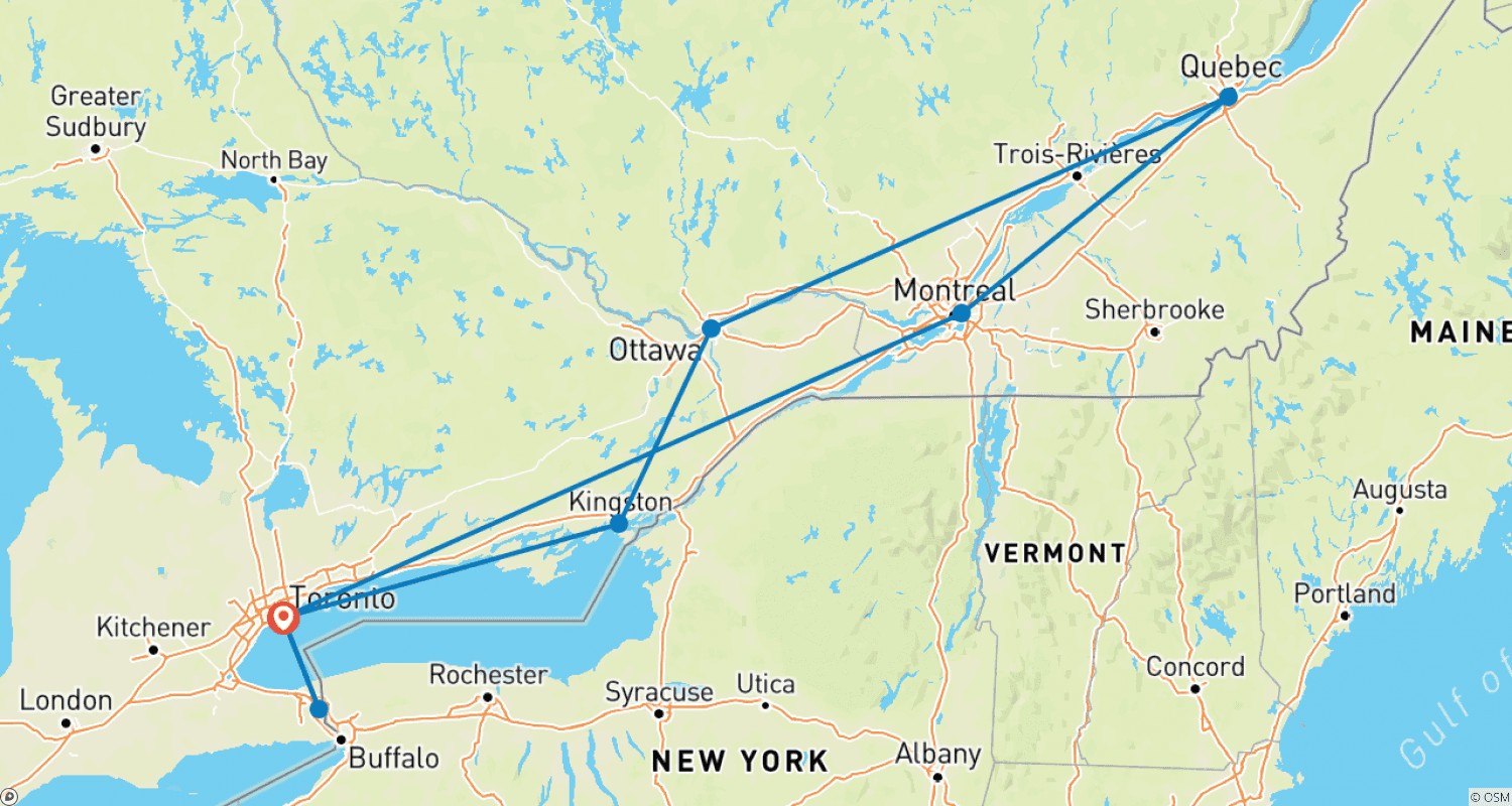 Mapa do percurso de Ontário e Canadá Francês com Estadia Prolongada em Toronto