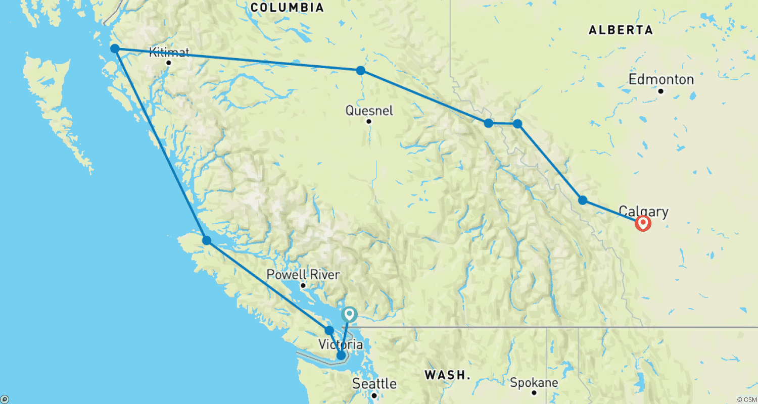 Mapa do percurso de Oeste do Canadá com Passagem Interior e Calgary Stampede (10 destinos)