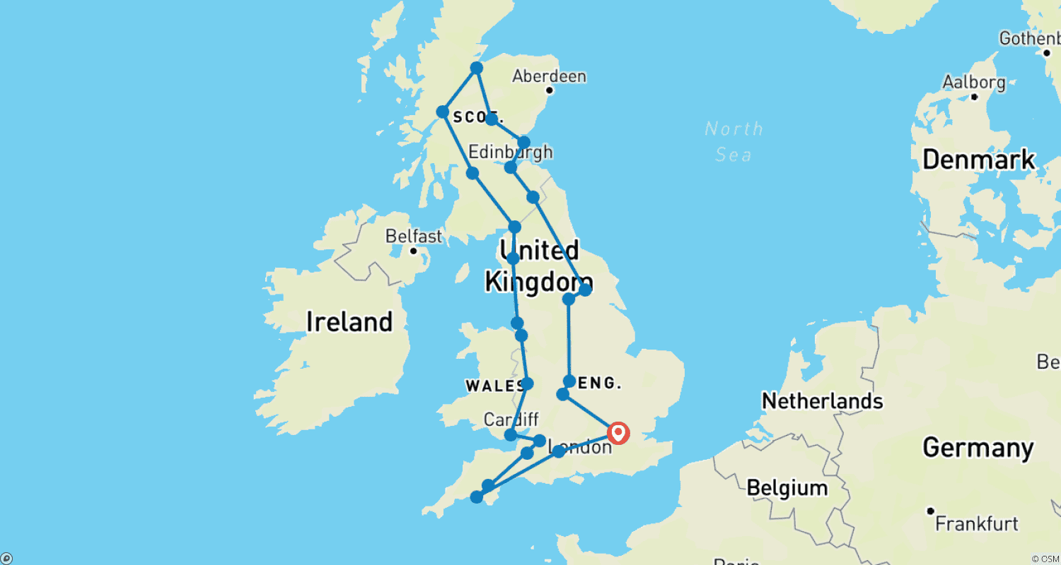 Mapa trasy: Anglia, Szkocja i Walia