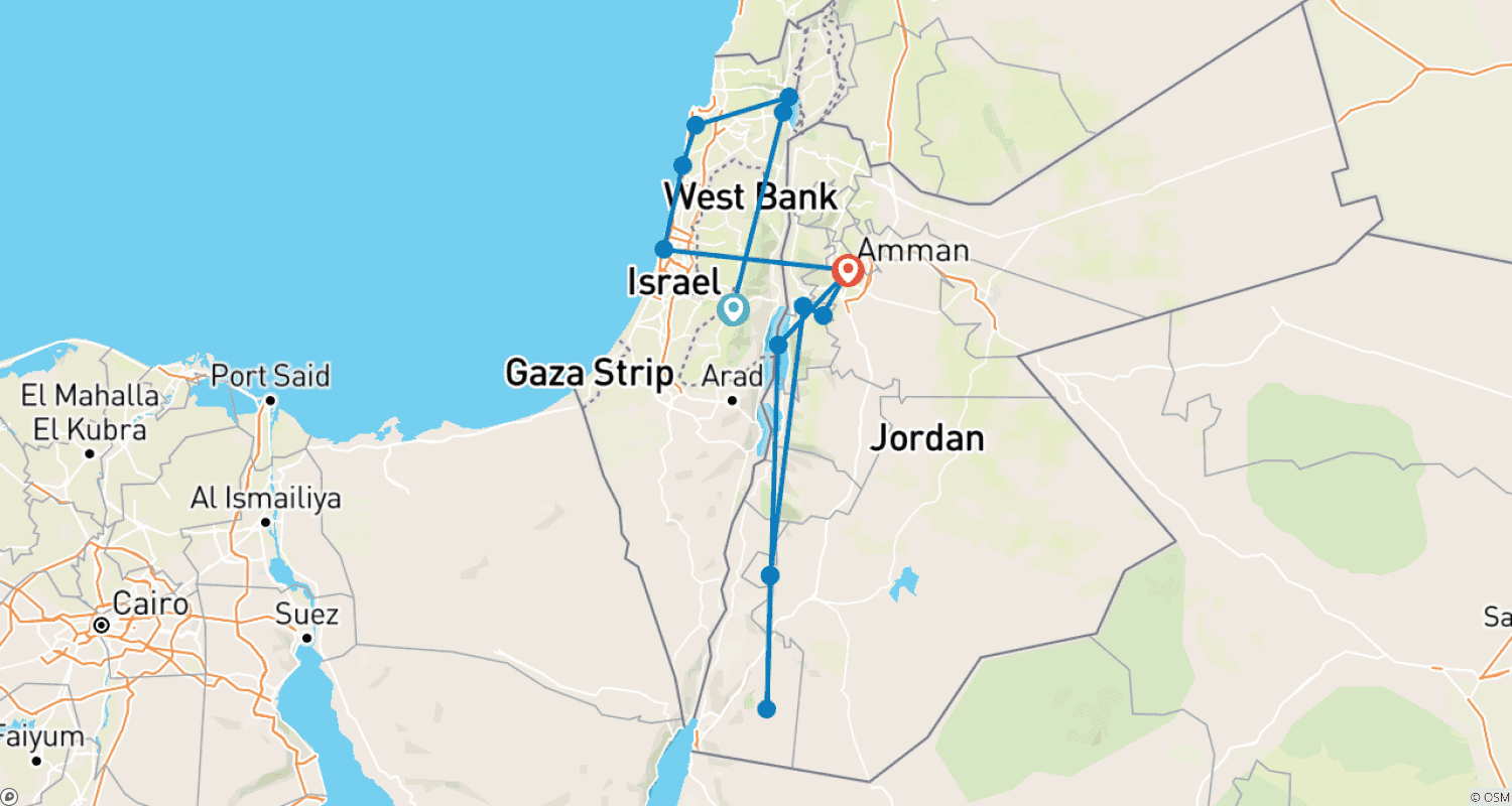 Mapa do percurso de Explore Israel e Jordânia National Geographic