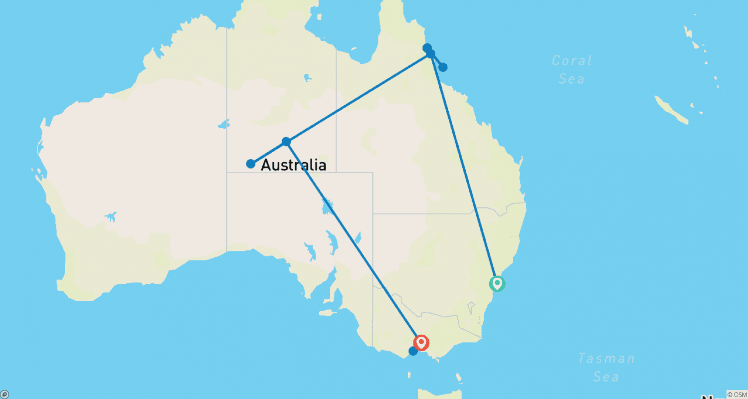 Mapa do percurso de Explore a Austrália National Geographic
