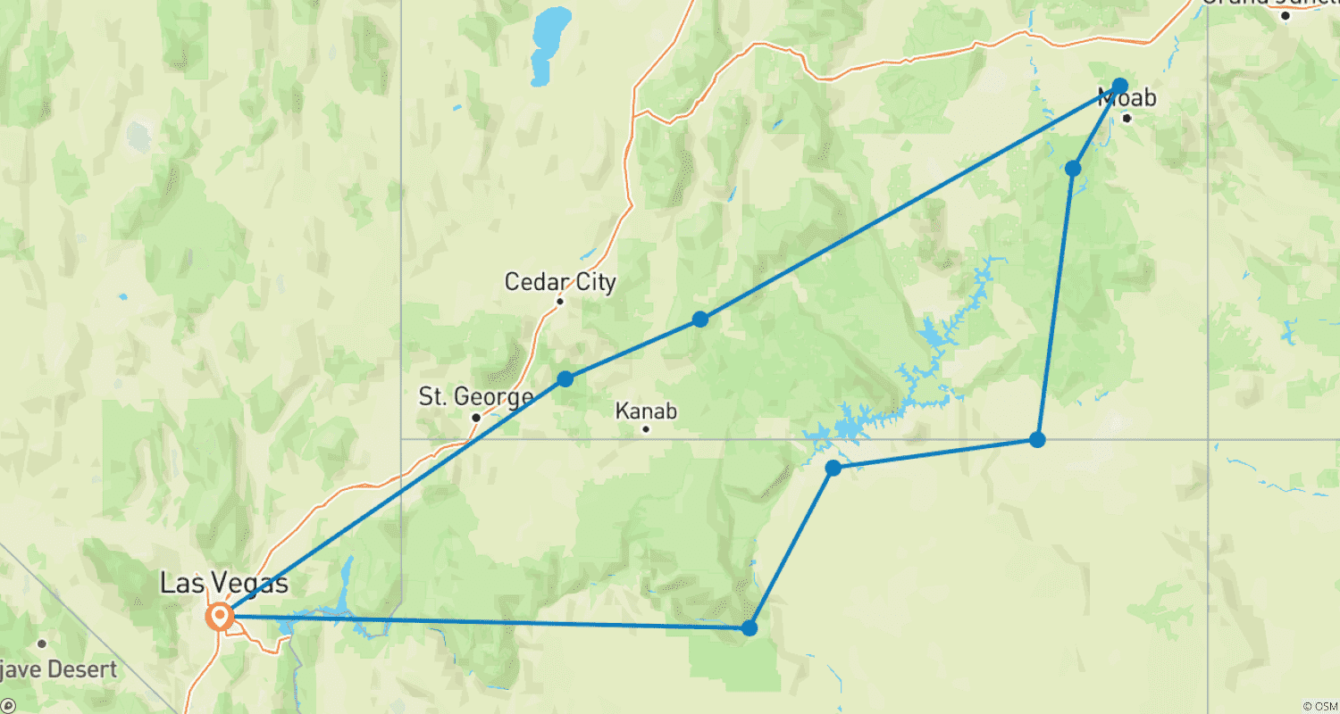 Mapa do percurso de Excursão de 7 dias aos Parques Nacionais do Sudoeste e Grand Canyon