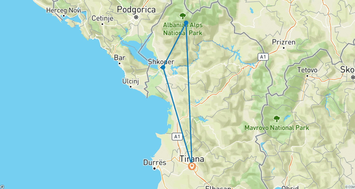 Mapa do percurso de Excursão de 3 dias em Theth, Albânia com 4x4