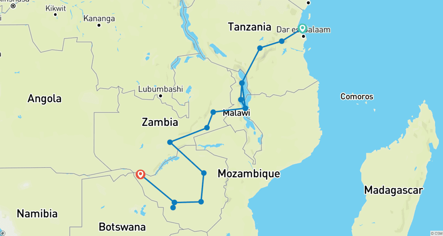 خريطة مسار من Stone Town إلى Vic Falls