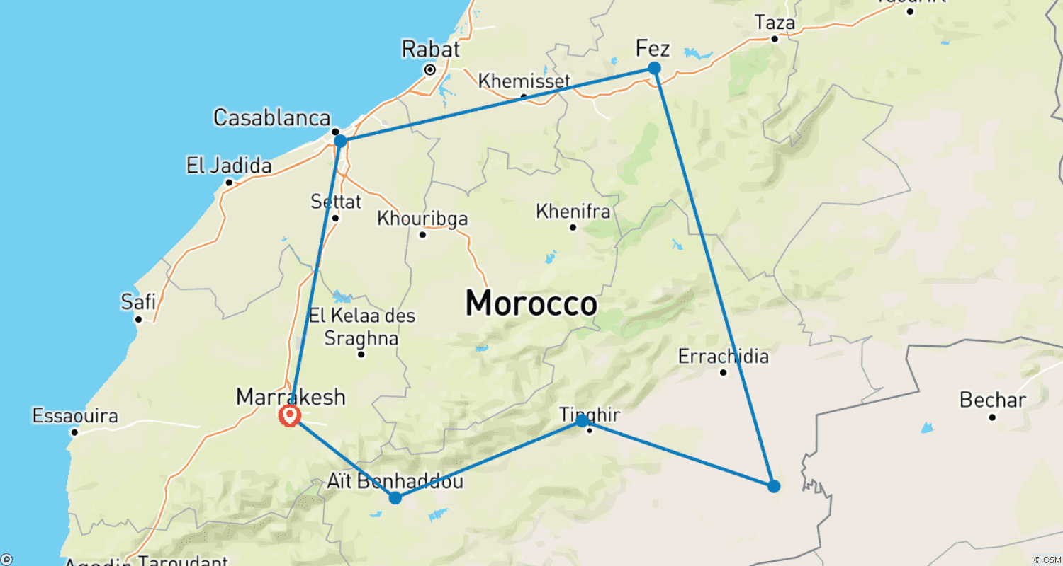 Mapa do percurso de Destaques de Marrocos Marraquexe - 9 Dias - Tour Privado