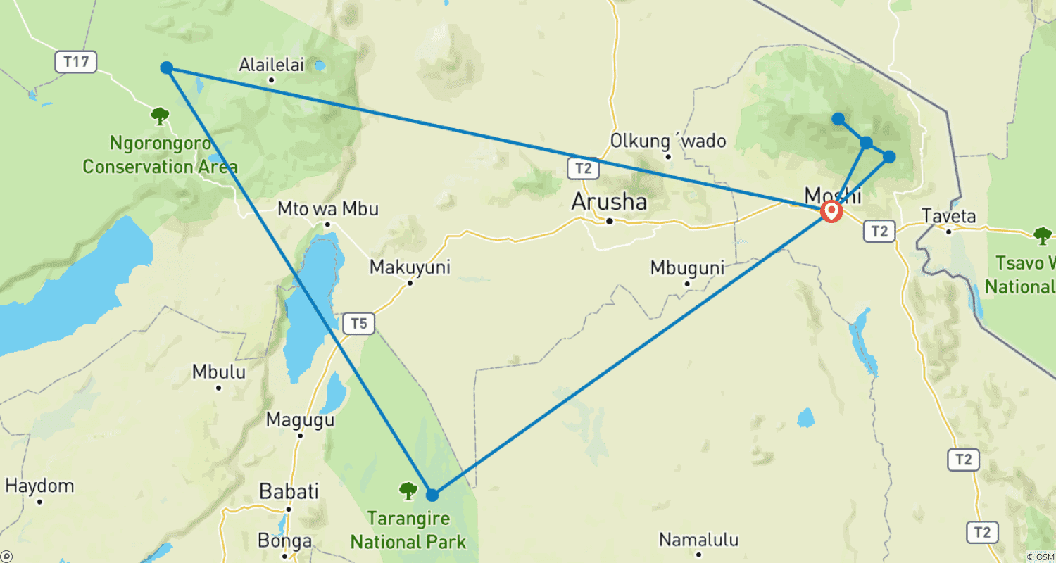 Mapa do percurso de Cume do Kilimanjaro Marangu e Safári de Acampamento