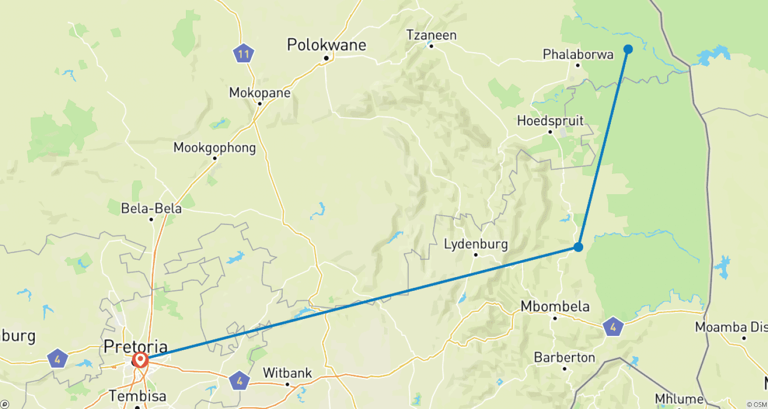 Mapa do percurso de Safari de 4 dias no Kruger (Acampamento)