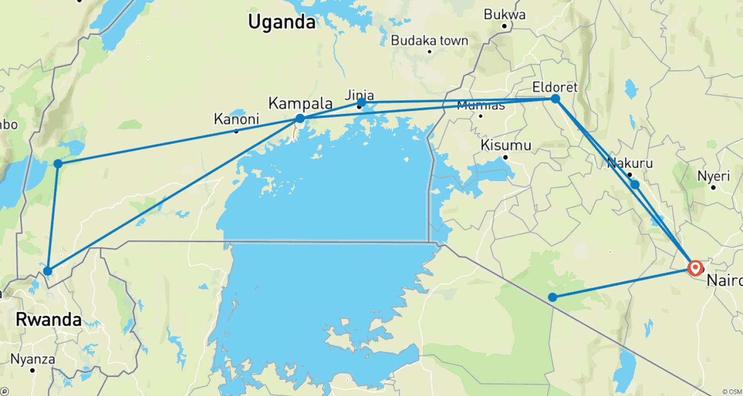Mapa do percurso de 18 dias: Gorilas ao Mara (Acampamento)