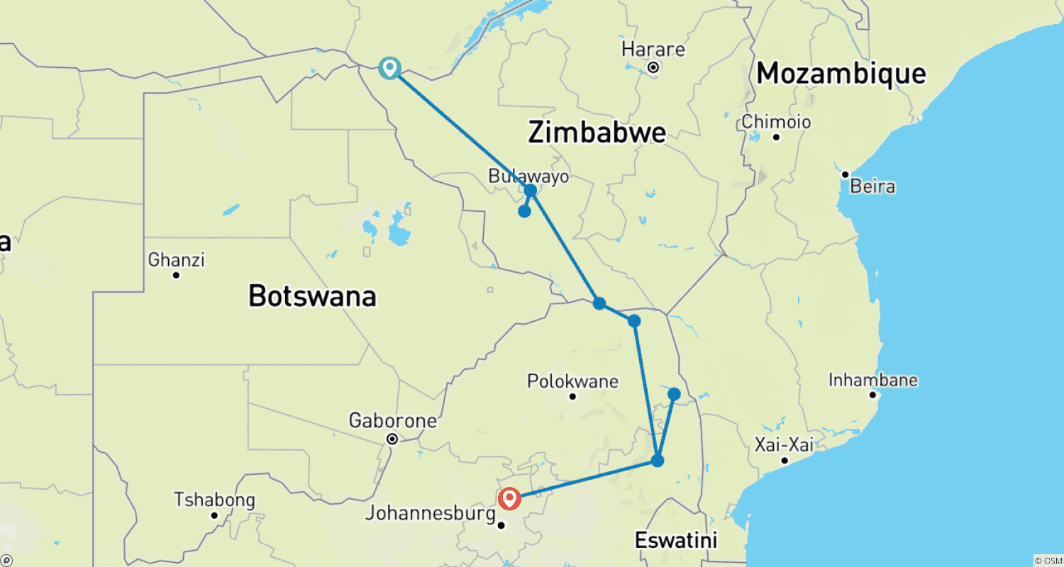 Mapa do percurso de 7 dias: Cataratas Vitória a Kruger (Com Alojamento)