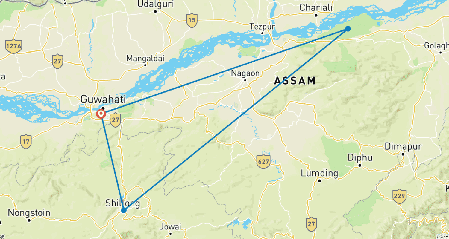 Mapa do percurso de Maravilhas do Nordeste com Vida Selvagem em Kaziranga