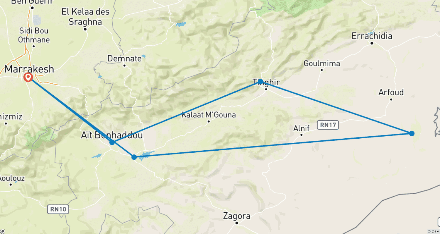 Mapa do percurso de Marraquexe e Saara: Viagem para Adolescentes - 8 Dias