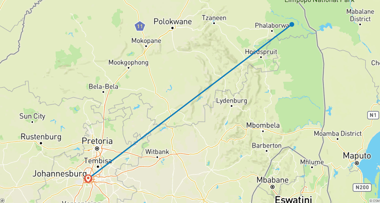 Mapa do percurso de Parque Nacional Kruger 4 Dias/3 Noites