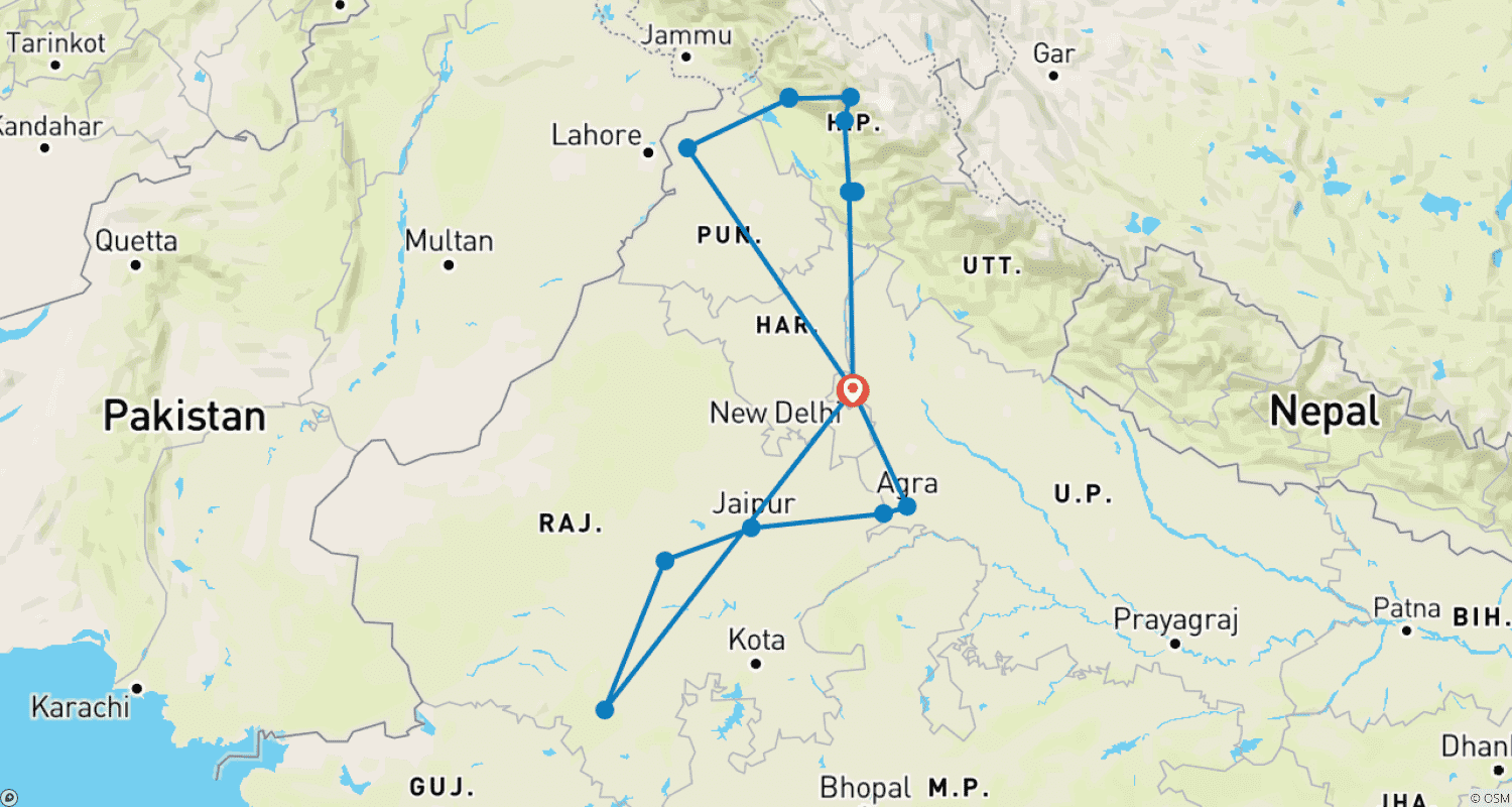 Mapa do percurso de Rajastão Colorido com Himachal