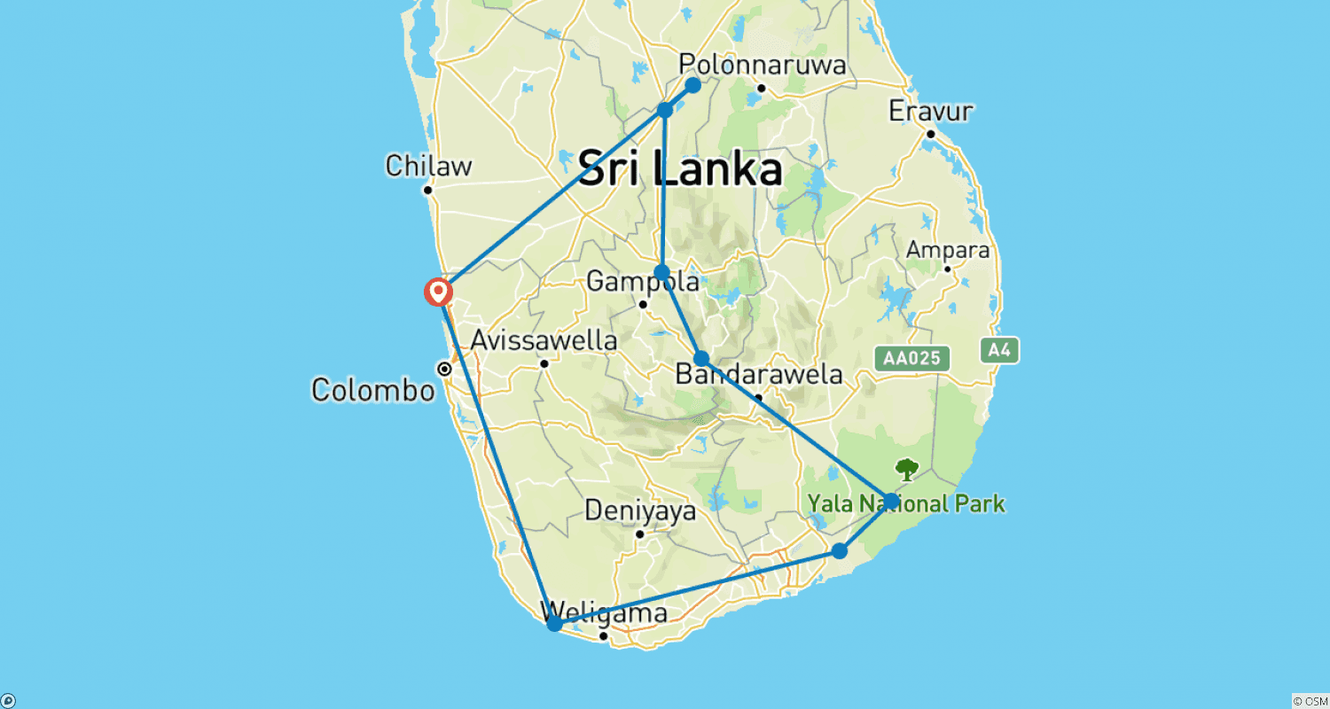 Mapa do percurso de Aventura Completa no Sri Lanka 14D/13N