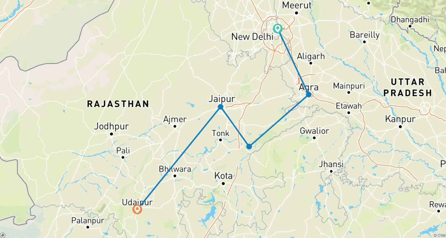 Mapa trasy: Wycieczka po Złotym Trójkącie w Indiach z Udaipur i safari z dziką fauną