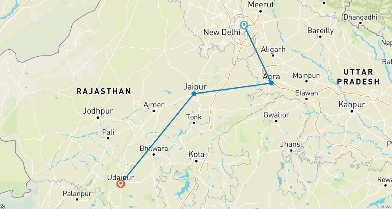Mapa do percurso de Circuito Triângulo Dourado com Udaipur