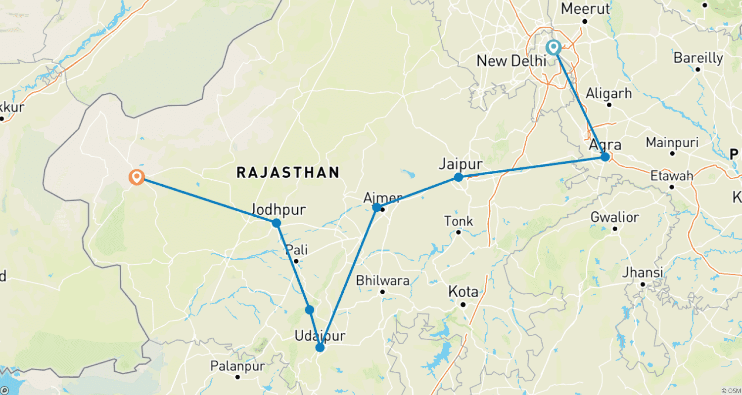 Mapa do percurso de Rajastão Real com Taj Mahal, Fortes e Palácios