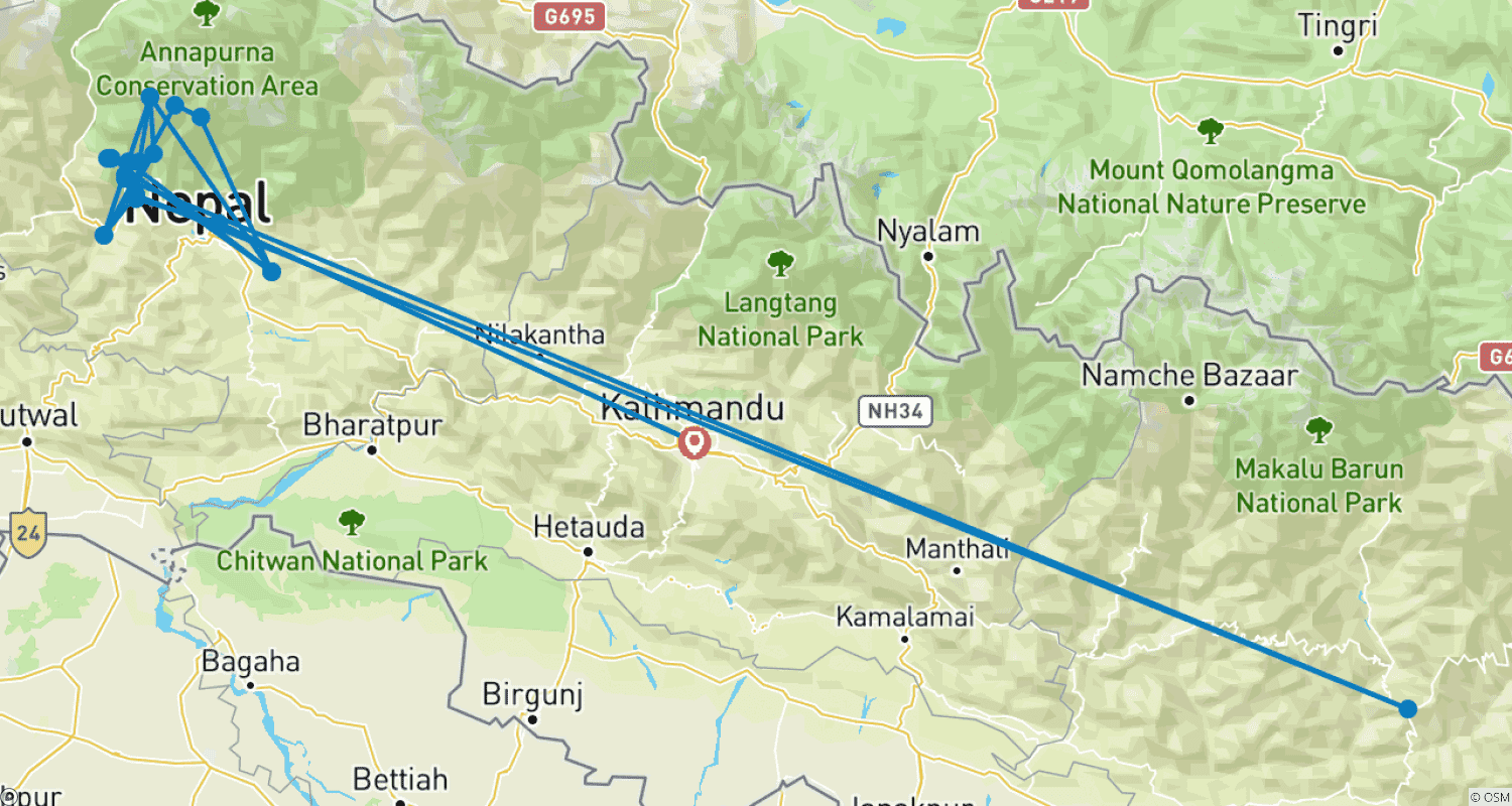 Mapa trasy: Trek do bazy Annapurny - 13 dni