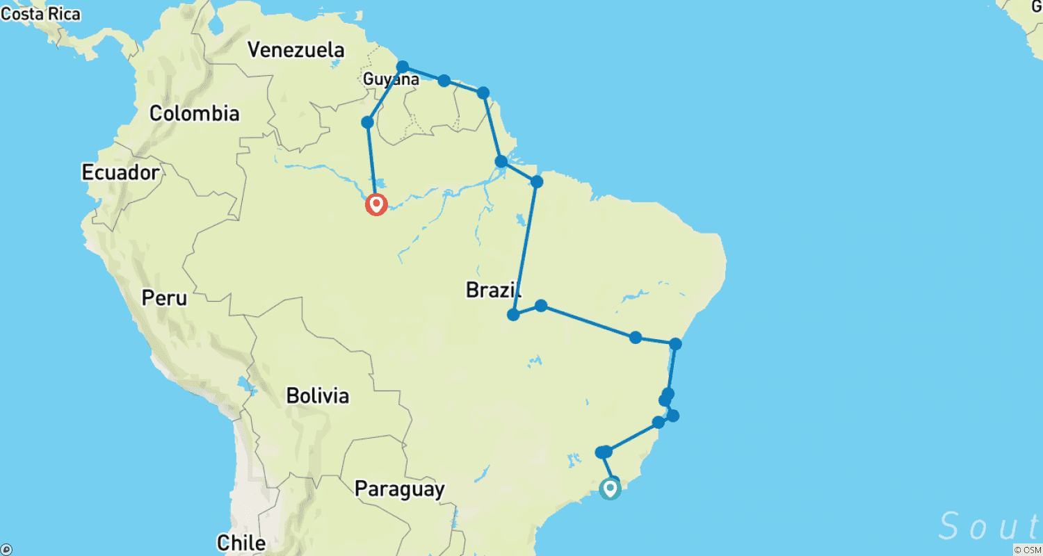 Mapa trasy: Rio do Manaus przez Gujany (62 dni)