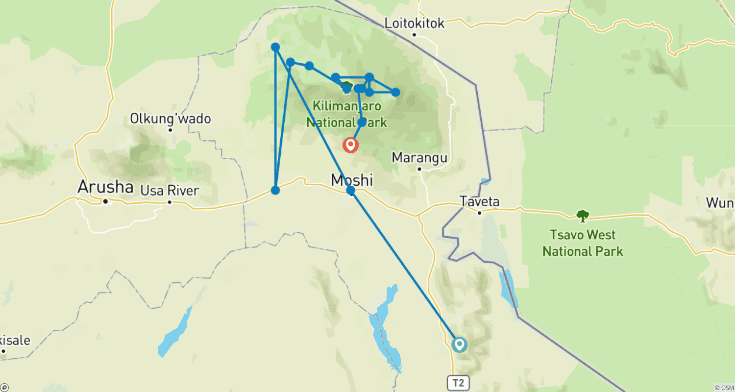 Mapa do percurso de Rota do Circuito Norte do Monte Kilimanjaro