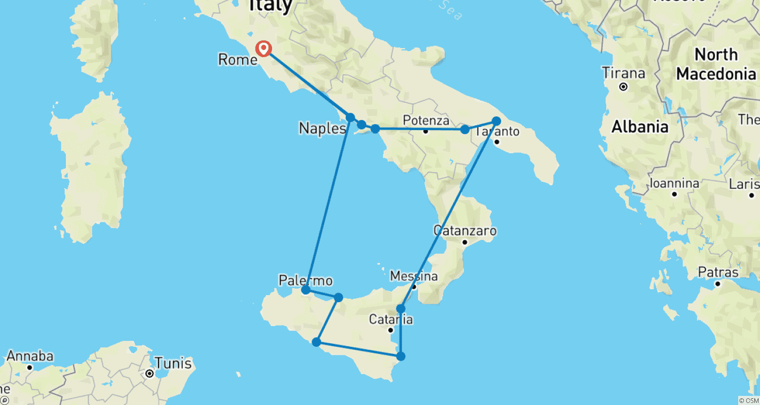 南イタリアとシチリアの見どころのルートマップ