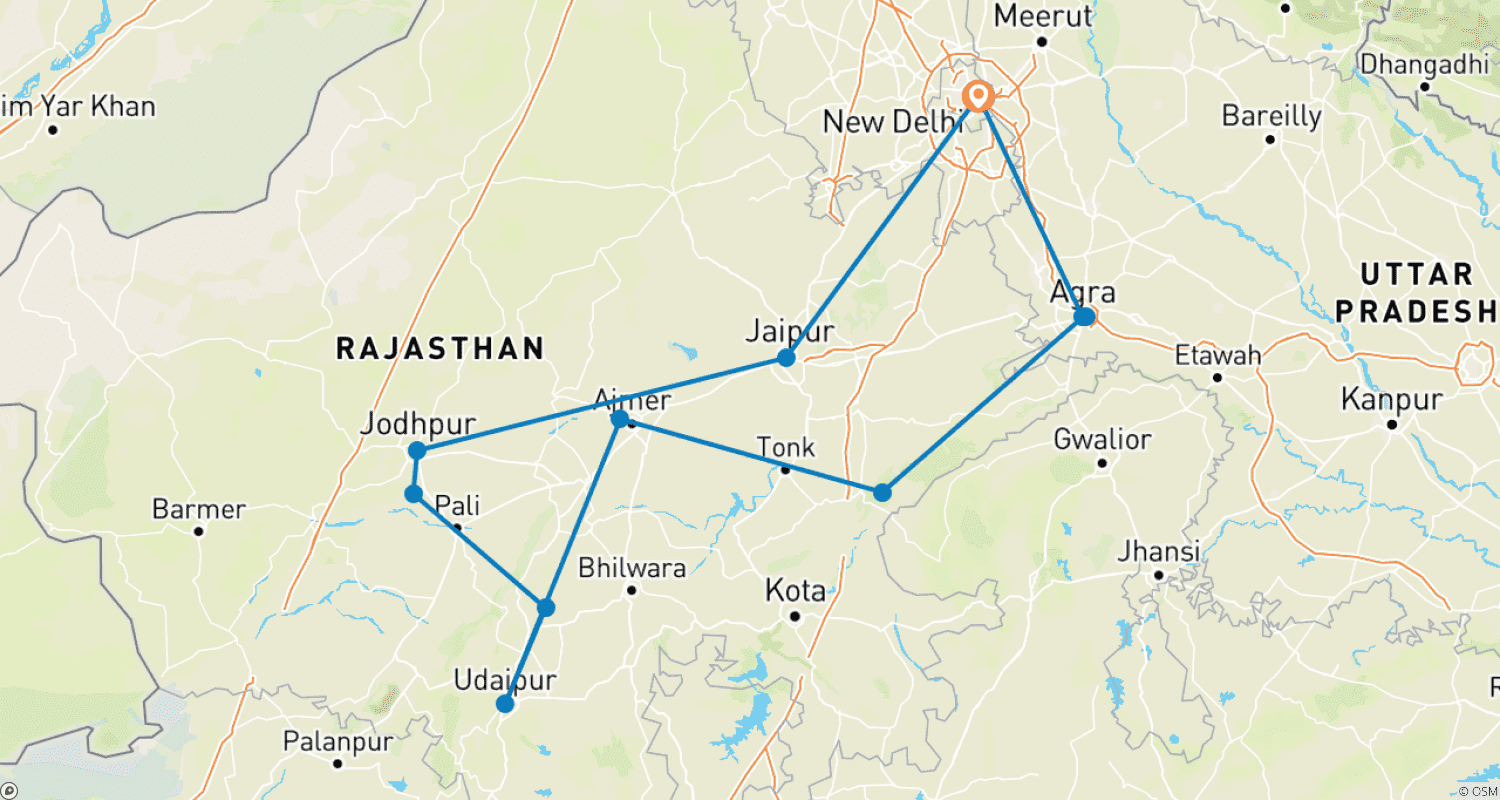 Mapa do percurso de Taj Mahal e Vida Selvagem com Estadia Real em Castelos