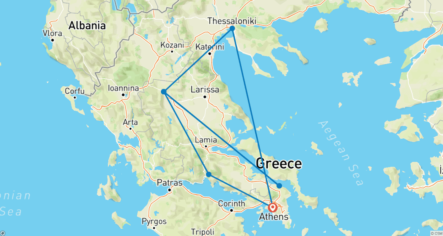 Mapa do percurso de Descoberta da Grécia Continental