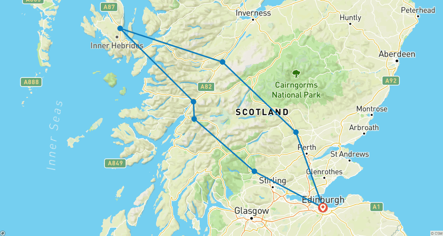 Mapa do percurso de Ilha de Skye e as Terras Altas