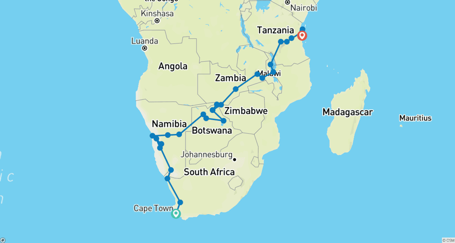 Mapa trasy: 35-dniowa podróż z Kapsztadu na Zanzibar (Z zakwaterowaniem)