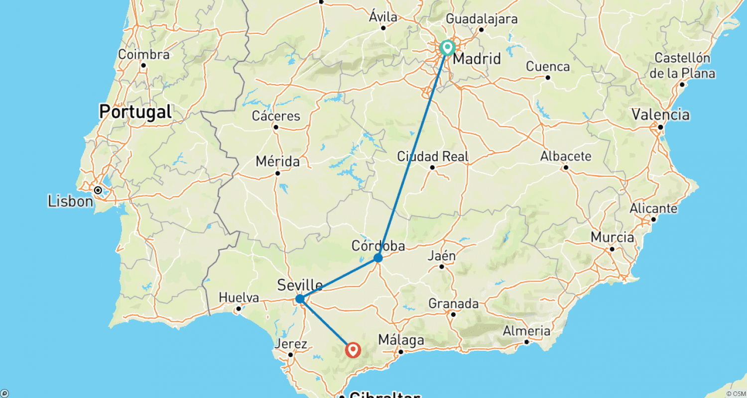 Mapa do percurso de Excursão de 5 Dias à Andaluzia, Costa do Sol e Toledo saindo de Madri (de Madri a Ronda)
