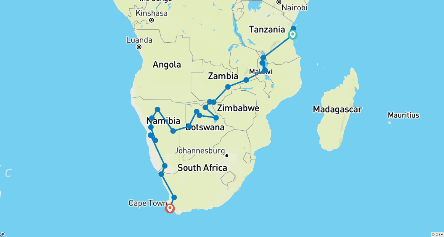 Mapa do percurso de 34 Dias: De Zanzibar à Cidade do Cabo (Com Alojamento)
