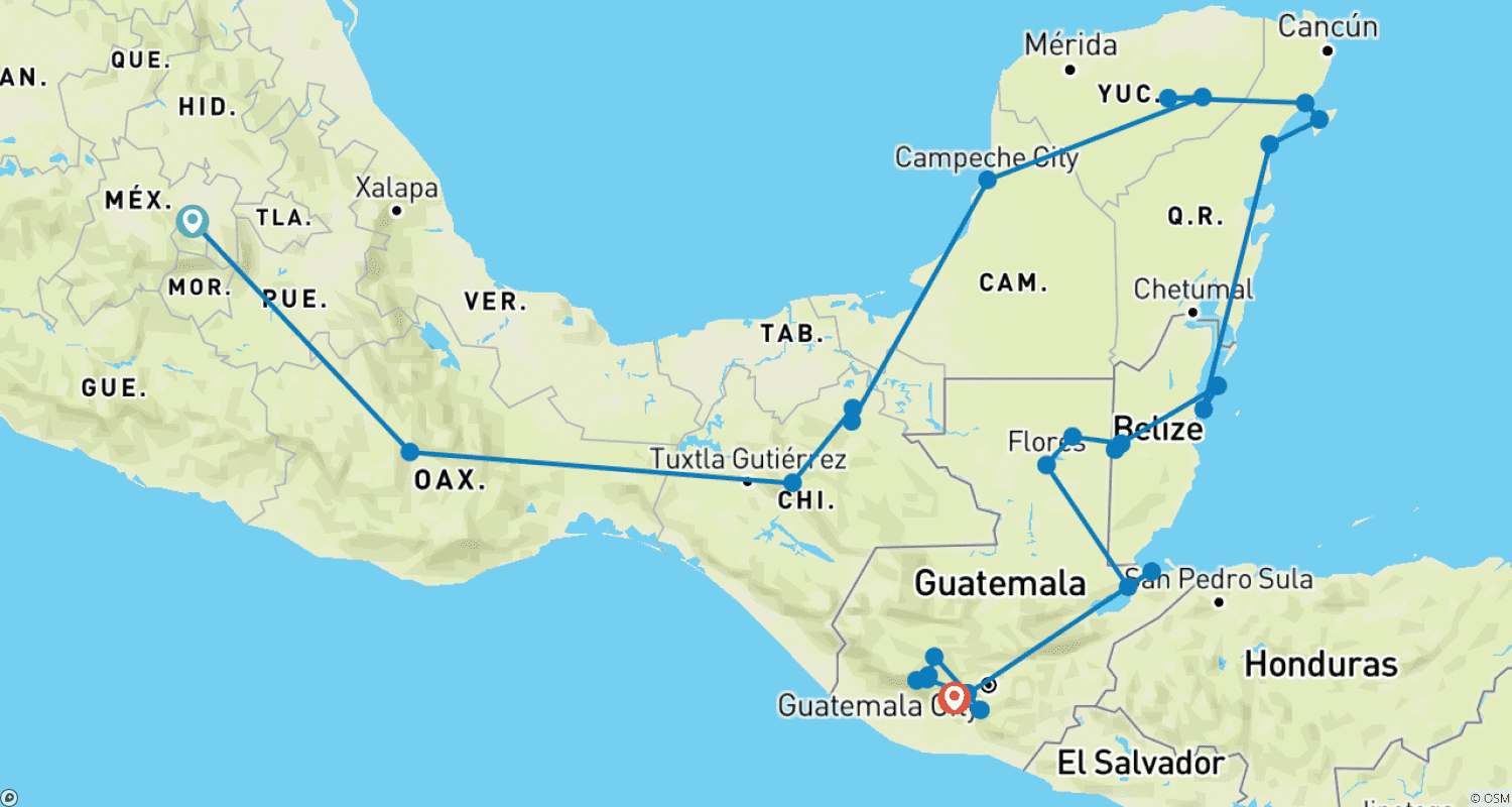 Mapa do percurso de Épico México, Belize e Guatemala