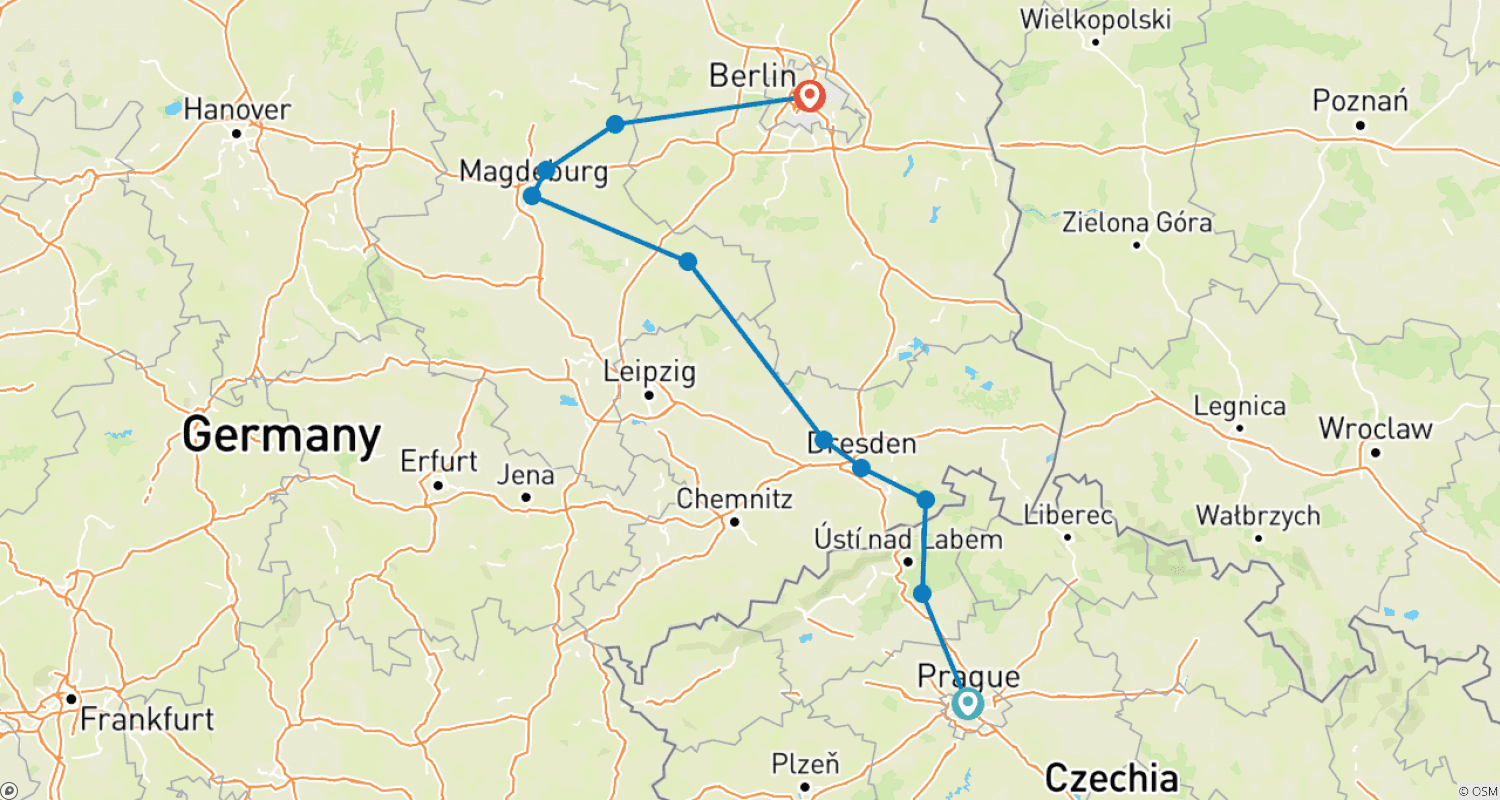 Mapa do percurso de De Praga a Berlim: Cruzeiro nos rios Vltava e Elba (cruzeiro de porto a porto)