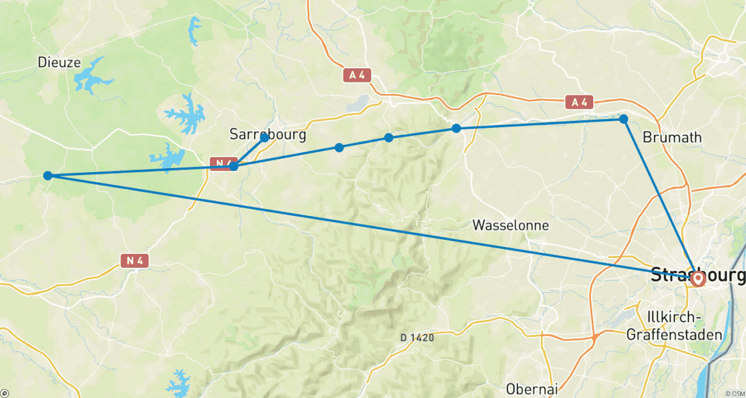 Mapa do percurso de Um Cruzeiro Encantador pela Alsácia e Lorena ao longo do Canal Marne-Reno (cruzeiro de porto a porto)