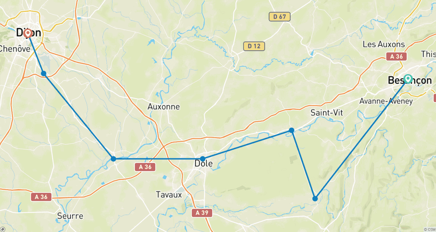 Mapa trasy: Niezwykłe miejsca i wyborne wina podczas rejsu po Burgundii i Dolinie Doubs (rejs z portu do portu)