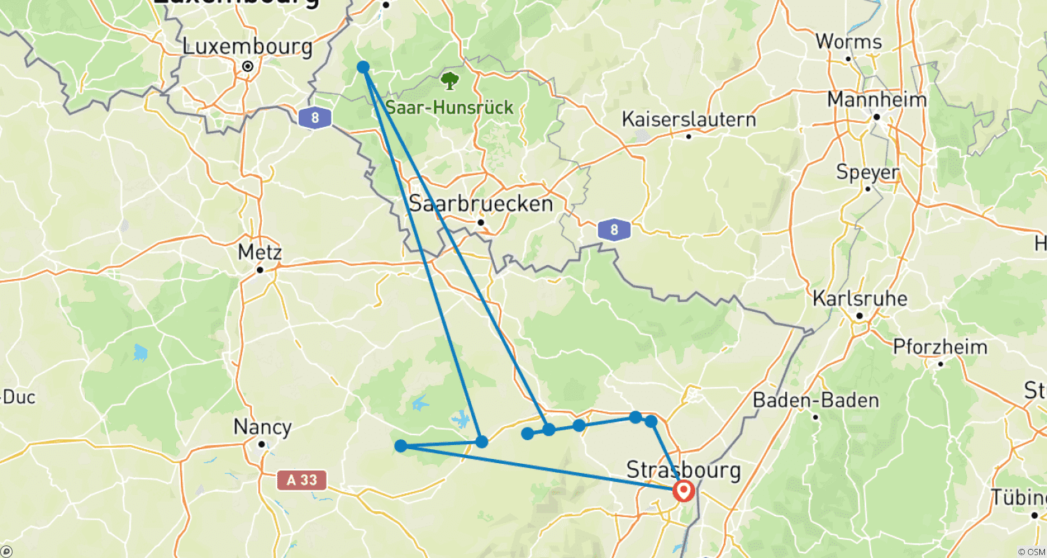 Mapa trasy: Uroczy rejs przez Lotaryngię i Alzację wzdłuż Kanału Marna-Ren (rejs z portu do portu)