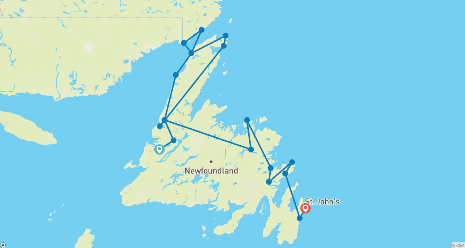 Mapa do percurso de Terra Nova e Labrador com Celebração dos Icebergs