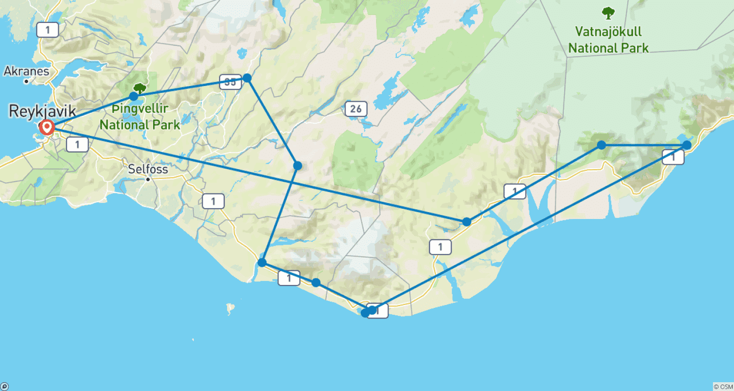 Mapa do percurso de 3 Dias - Círculo Dourado, Costa Sul, Jökulsárlón e Caverna de Gelo