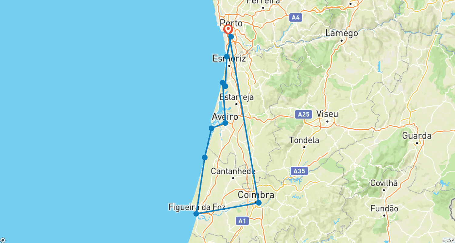 Mapa do percurso de Cicloturismo do Porto a Coimbra - A Costa de Prata
