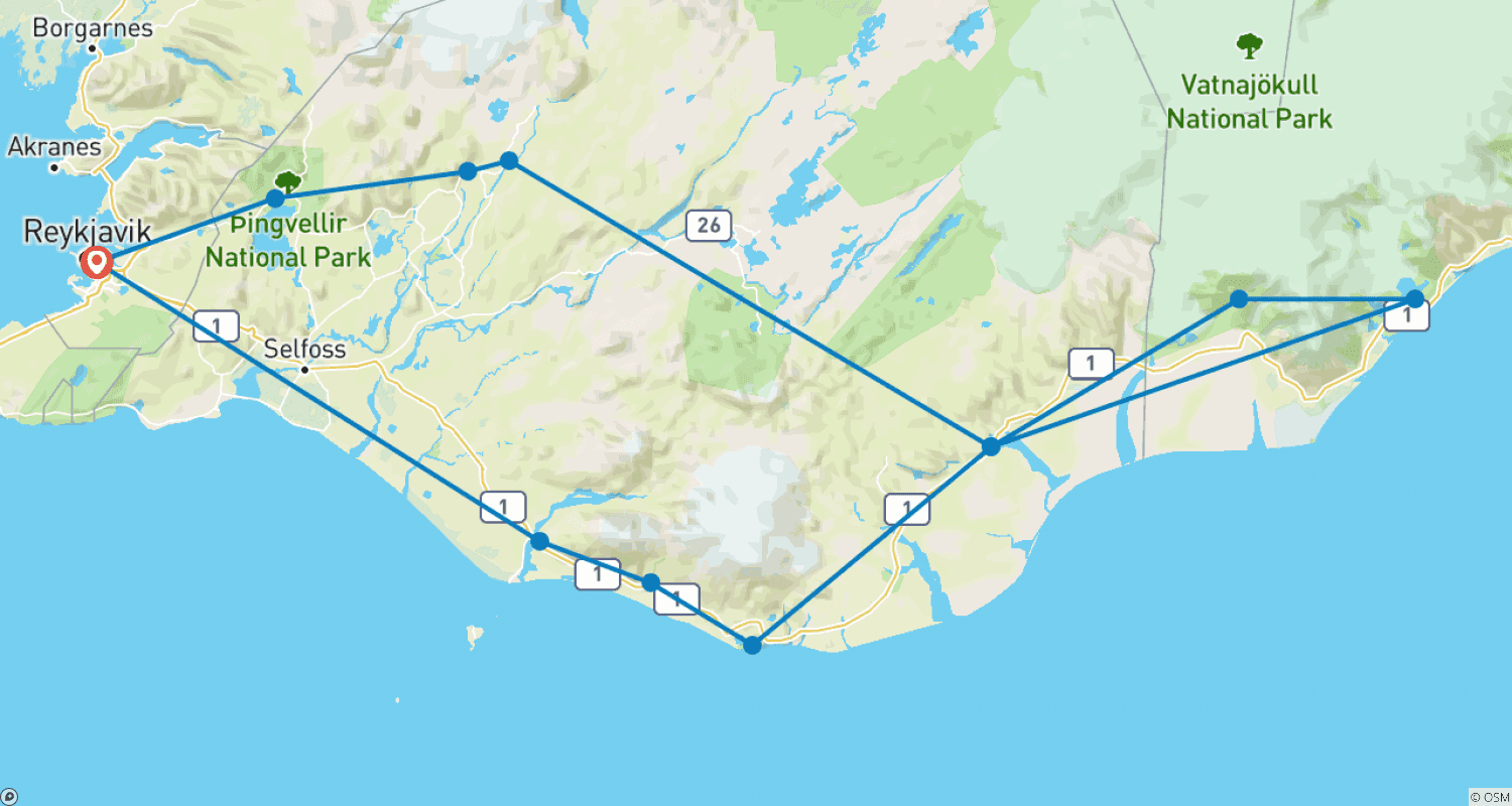 Mapa do percurso de Jóias da Islândia com Observação de Baleias