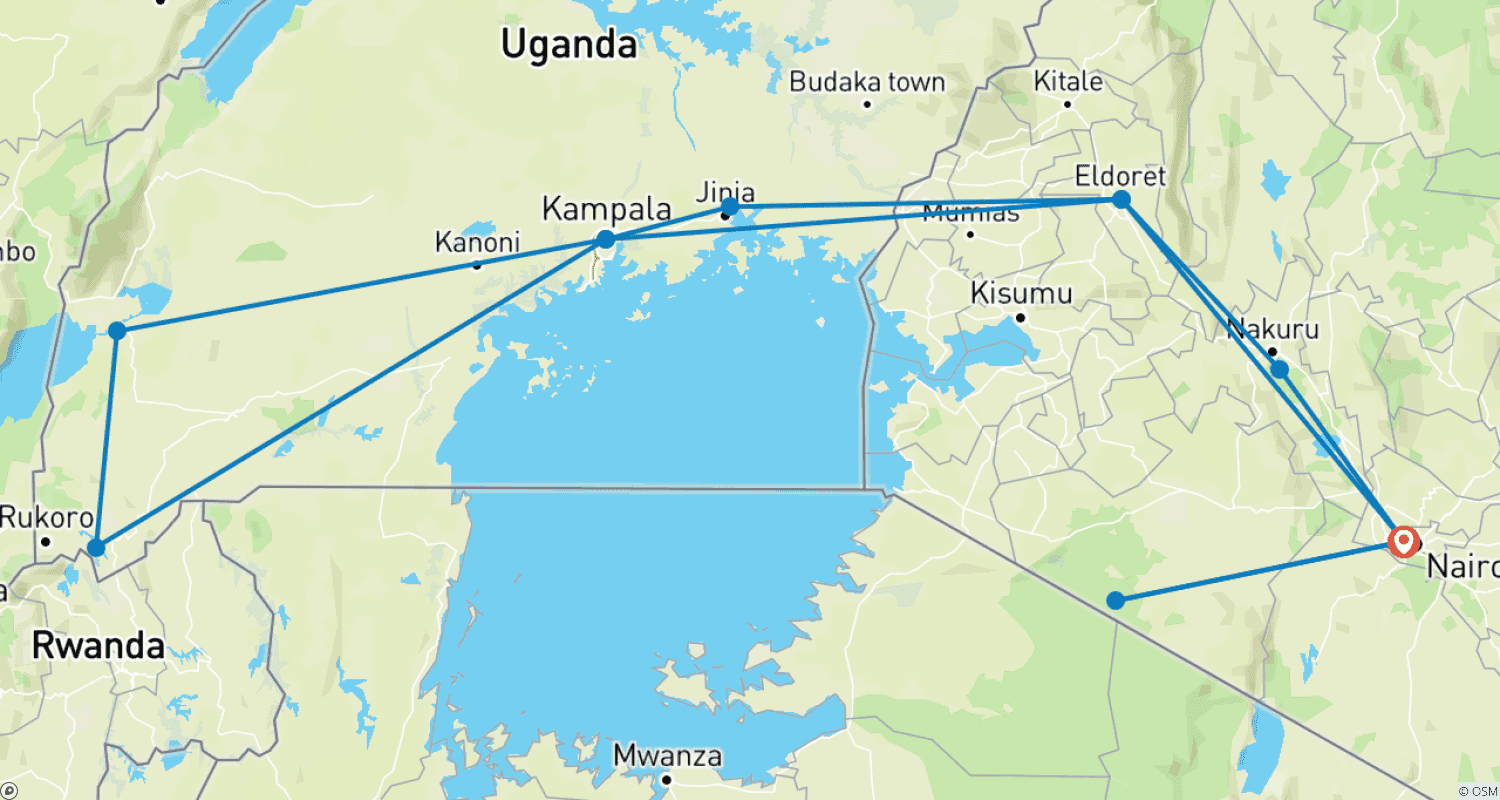 Mapa do percurso de 18 Dias: Dos Gorilas ao Mara (Acomodado)