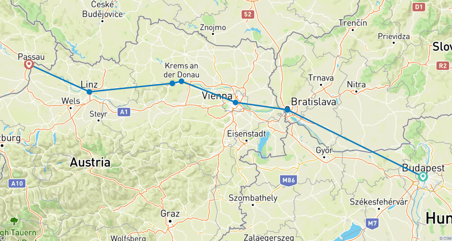 Mapa do percurso de Mercados de Natal no Danúbio (2024) (De Passau a Budapeste, 2024)