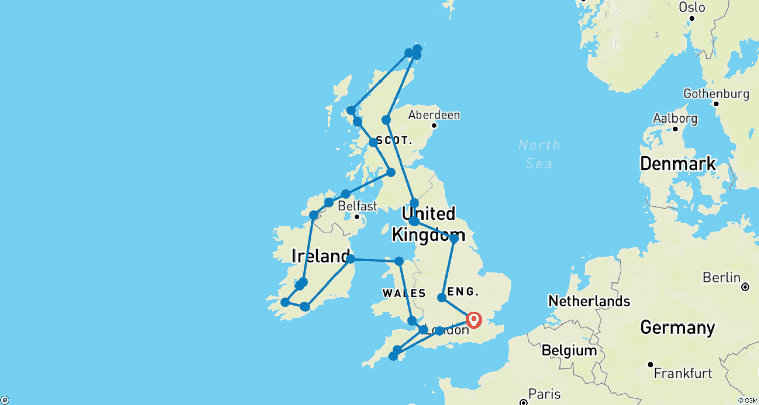 イギリス＆アイルランド発見の旅（クラシック、夏、24日間）のルートマップ